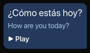 A translated chat bubble showing “¿Cómo estás hoy?” with “How are you today?” beneath it and a Play button