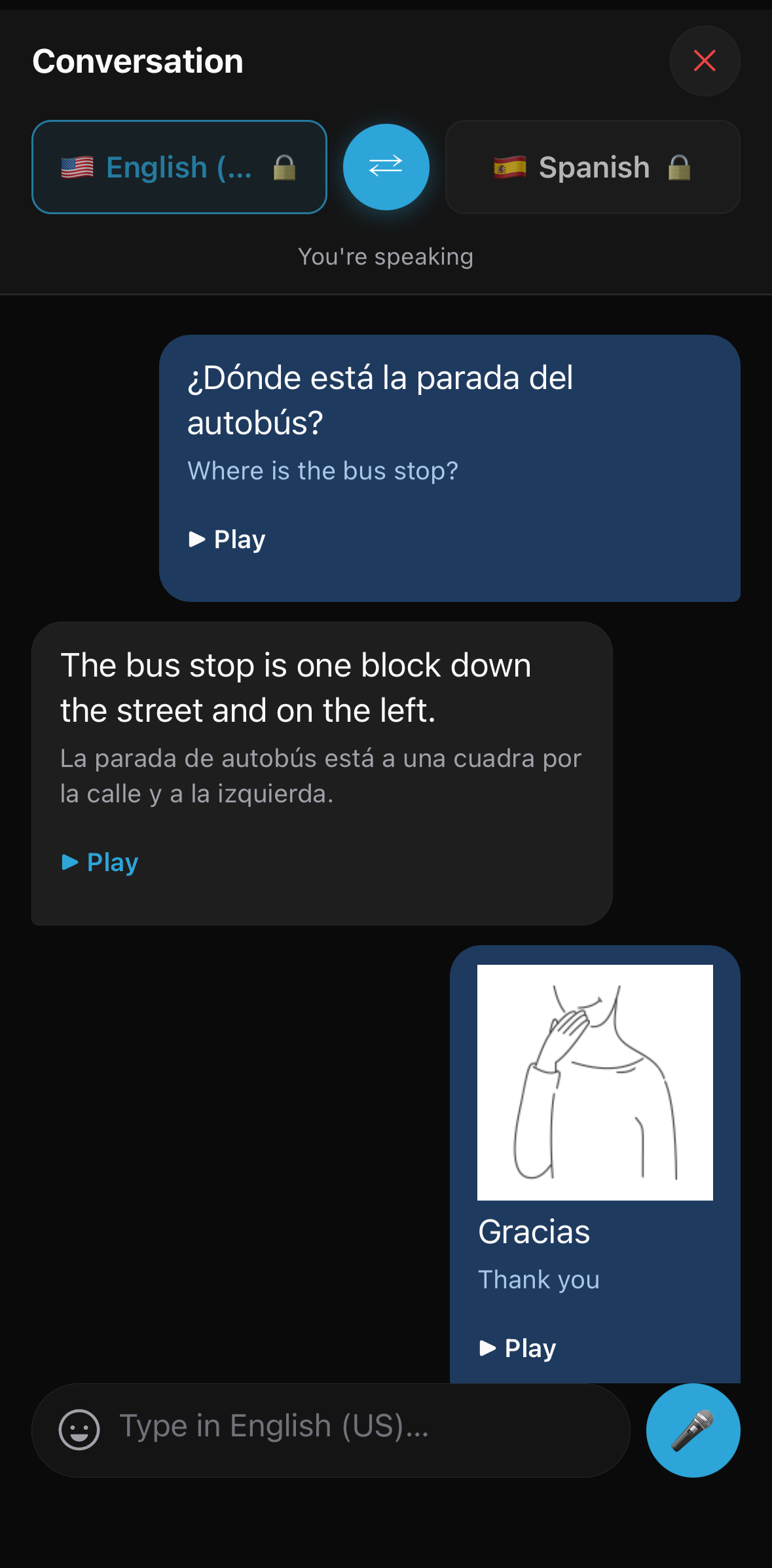 A Just Talk! Live Chat conversation translating between English and Spanish with an ASL sign