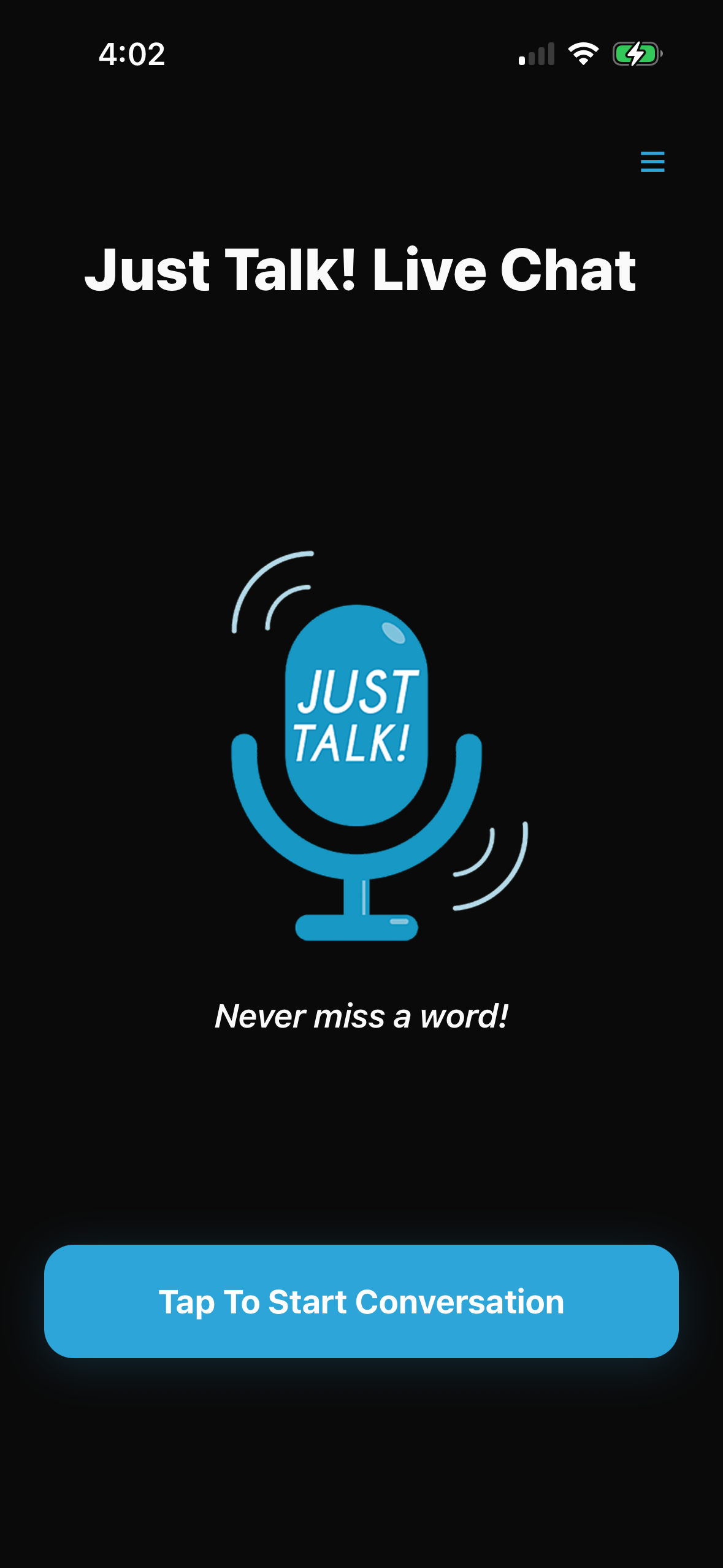 Just Talk! Live Chat home screen with a Tap To Start Conversation button